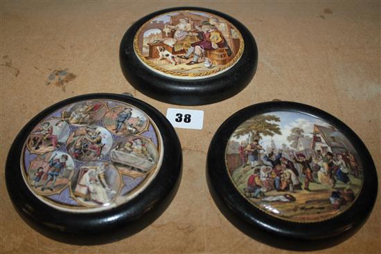 3 pot lids - The Poultry Woman, The Village Wedding and The Seven Ages of Man